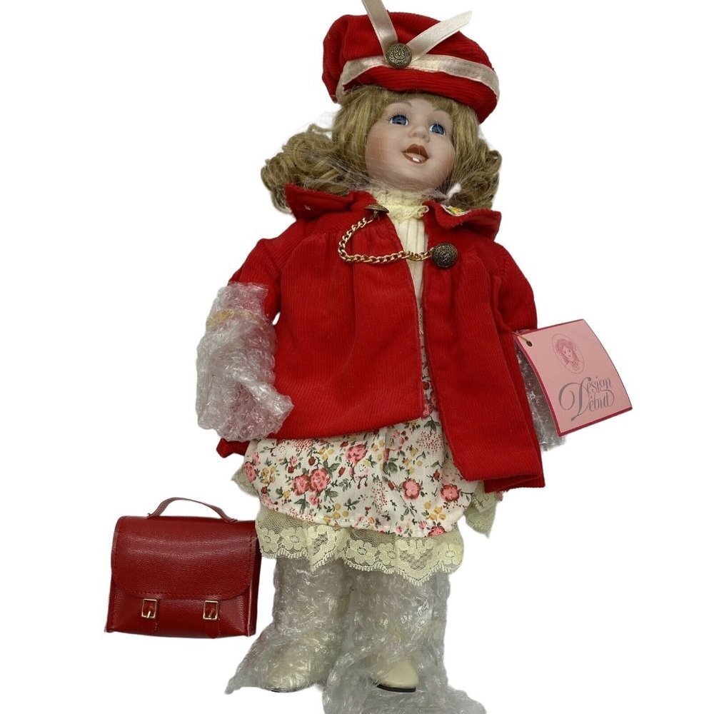 Vintage 90s Design Debut Porcelain Doll 14" Blond Blue Eyes Red‎ Coat Hat Purse